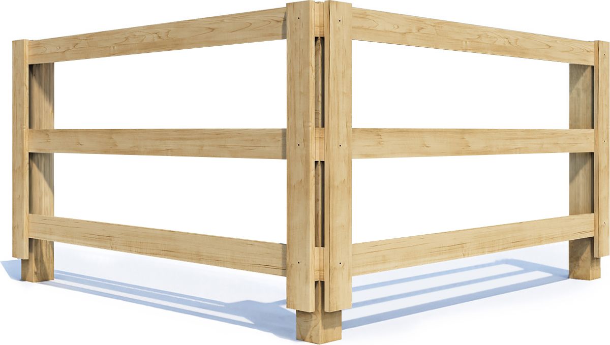 Wooden corner fence panels with horizontal rails and posts on a white background