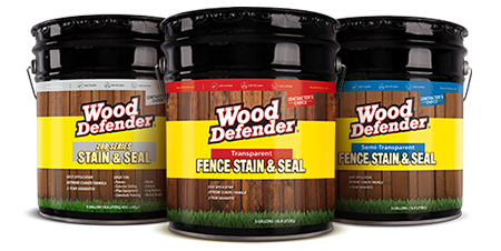 Three buckets of wood defender fence stain and seal on a white background.