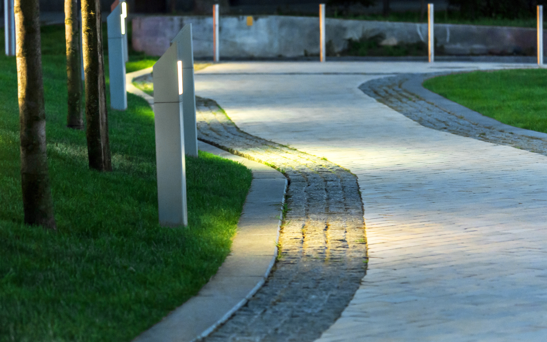A path in a park with trees and grass along the side of it.