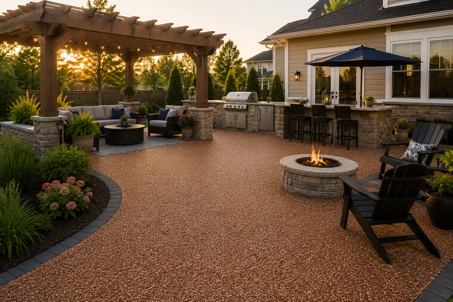 Backyard patio with pergola, fire pit, outdoor seating, and sunset lighting