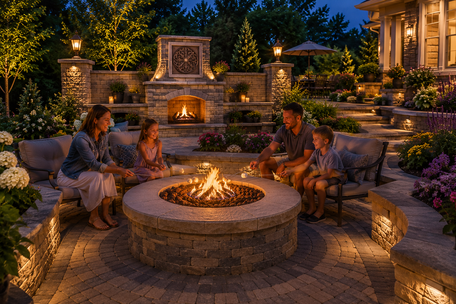Contact Poor Boy Landscape Hardscape Family gathered around a backyard fire pit at dusk, with warm stone seating and glowing landscape lights.