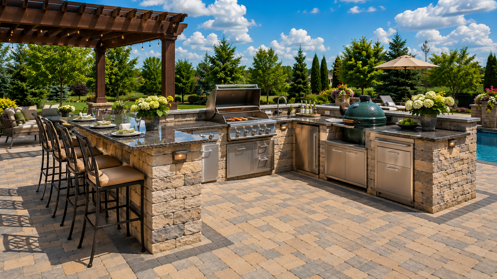 Learn More About Hardscapes Outdoor stone patio kitchen with grill, bar stools, pergola, and landscaped garden under a blue sky