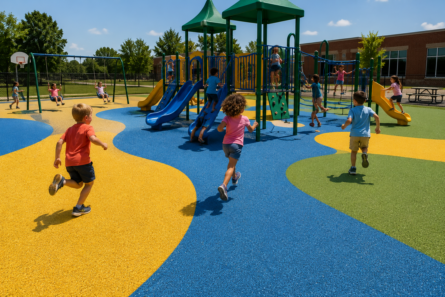 Children running on colorful playground surfacing around a slide structure on a sunny day