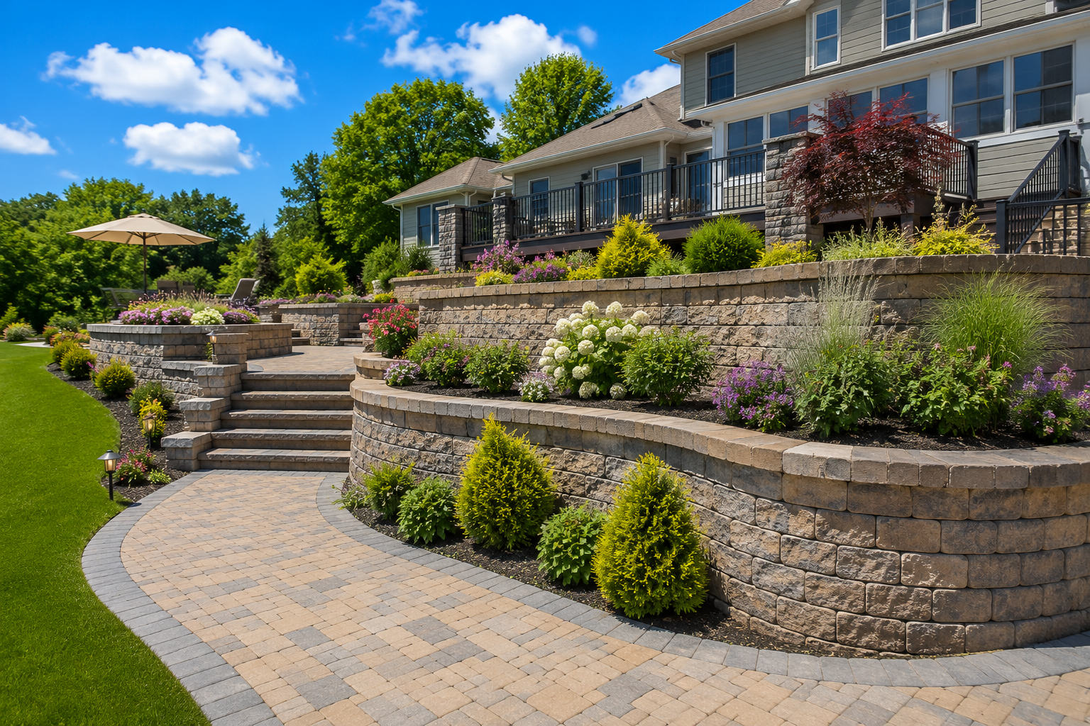 Learn More About Retaining Walls Terraced stone garden with steps, shrubs, and a two-story house under a bright blue sky