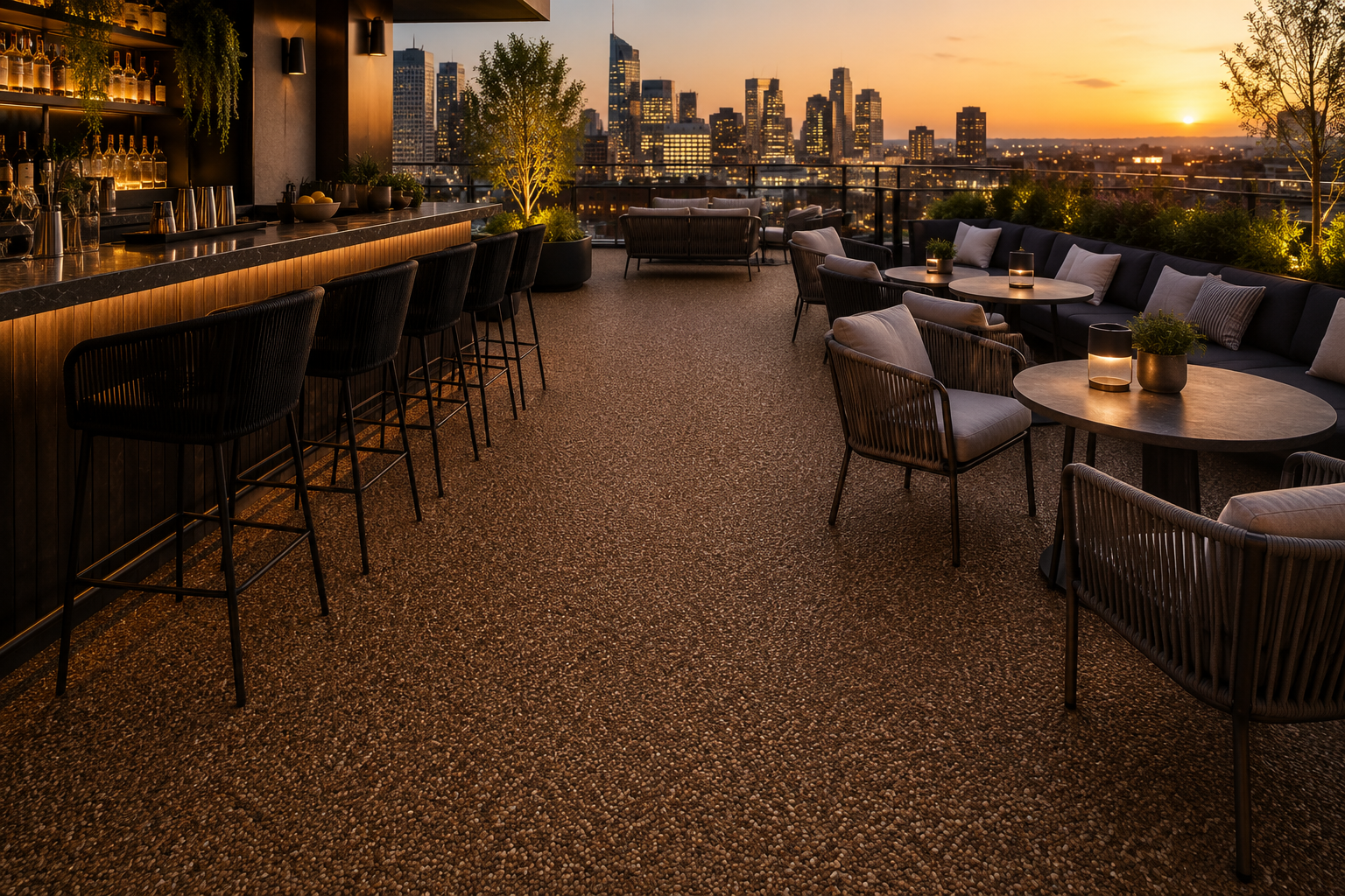 Rooftop terrace with lounge seating and a city skyline at sunset