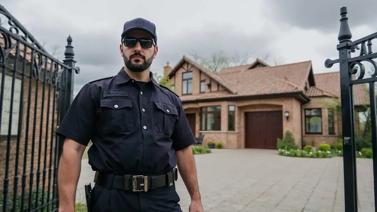 Security guard in uniform standing at an open gate in front of a house.