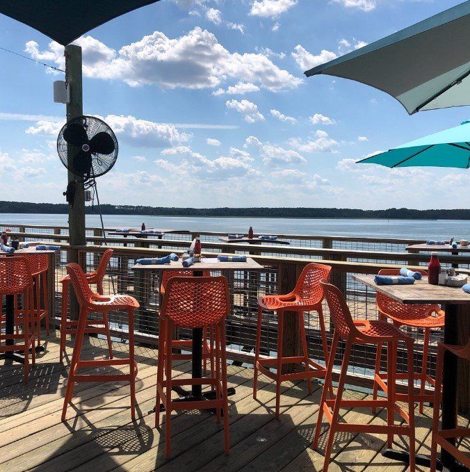 view over water at hudson's seafood house on the docks