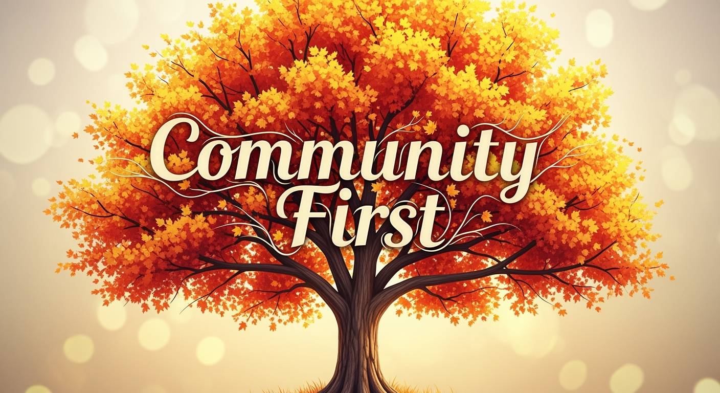 A picture of a tree with the words `` community first '' written on it.
