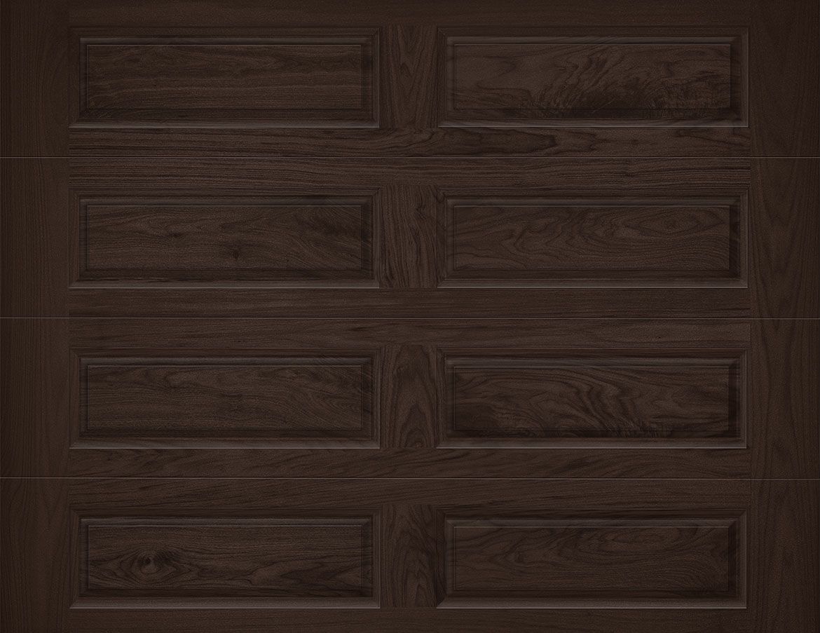 A close up of a brown garage door made of wood.