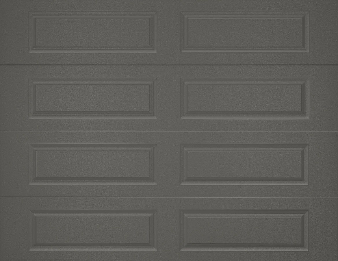 A close up of a gray garage door with square panels.