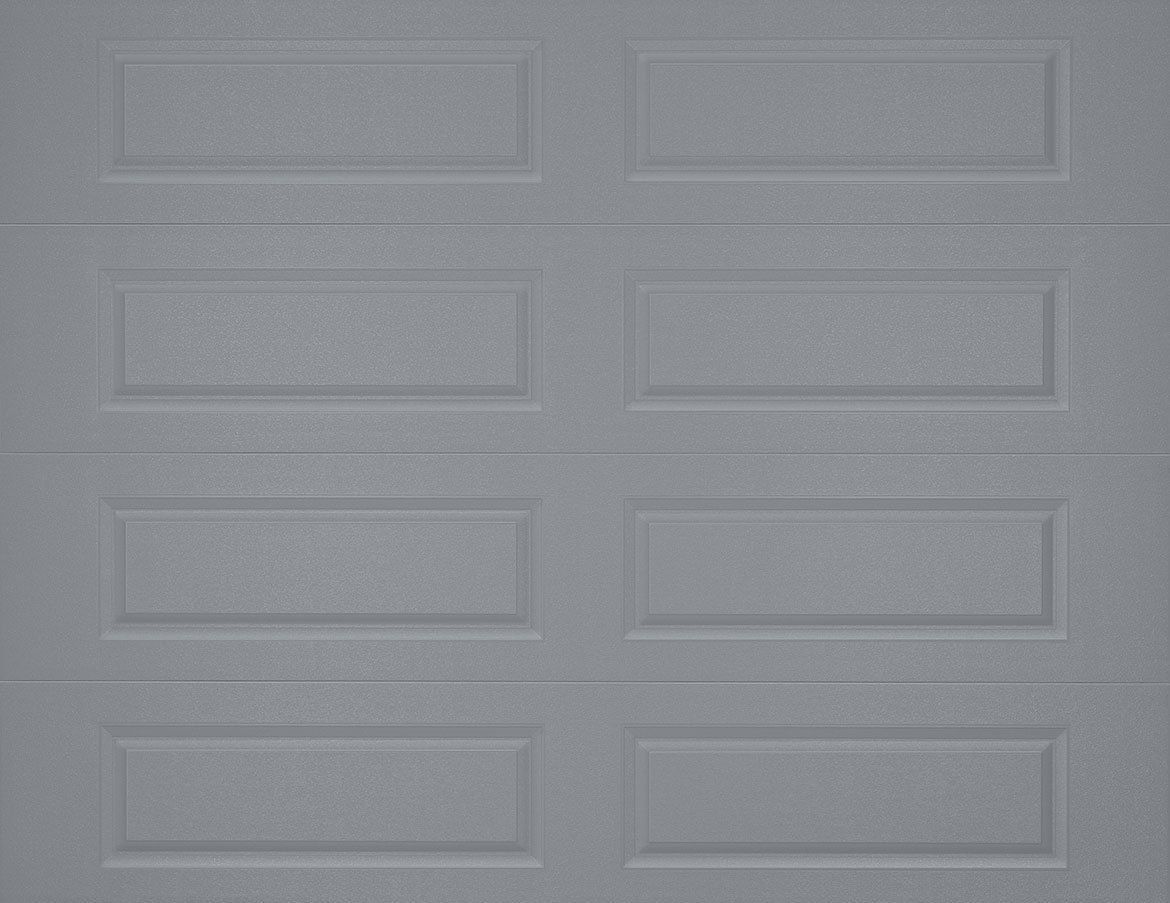 A close up of a gray garage door with squares on it.