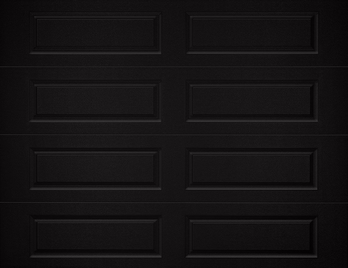 A close up of a black garage door with squares on it.