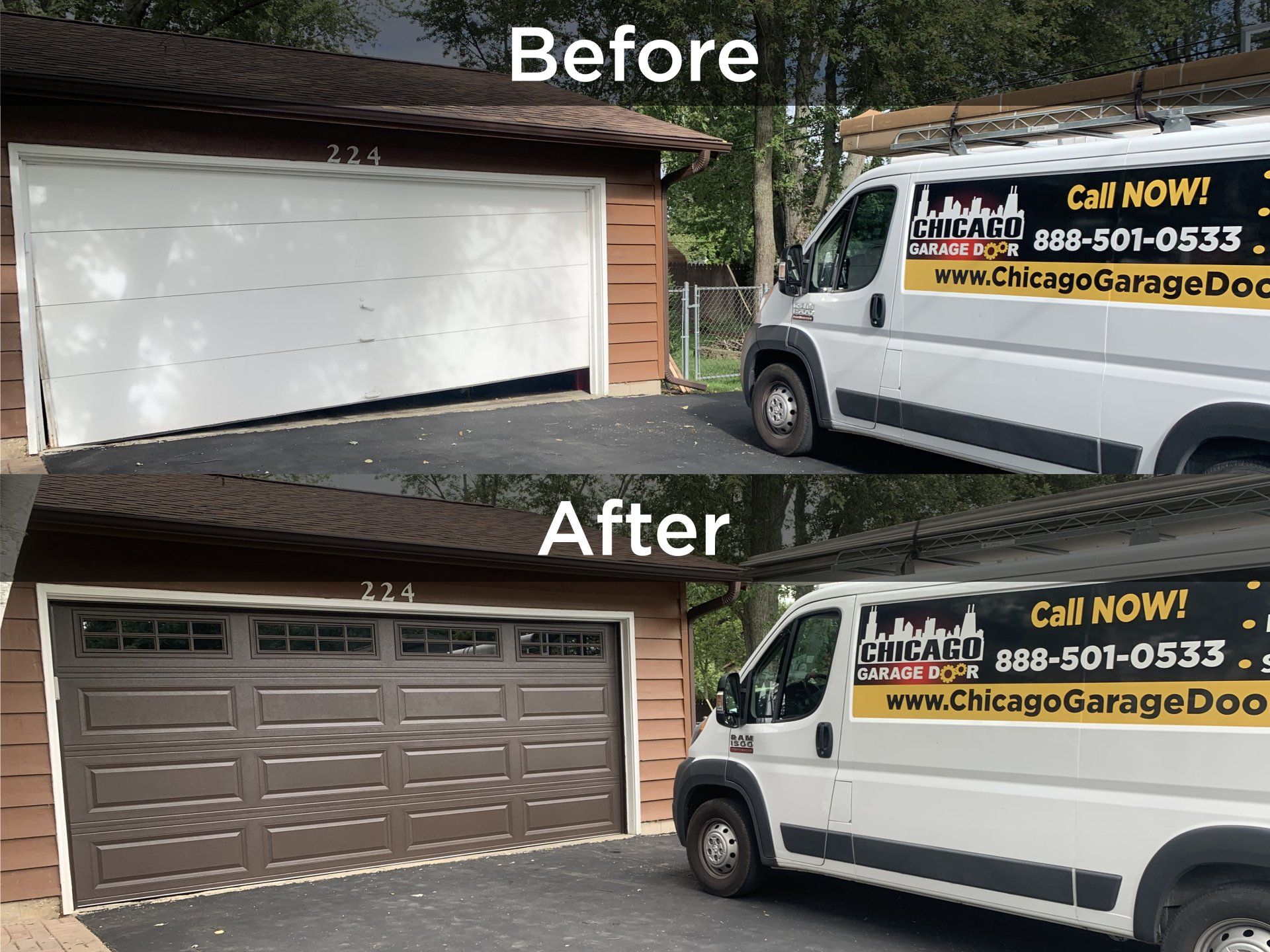 A before and after picture of a garage door being installed.