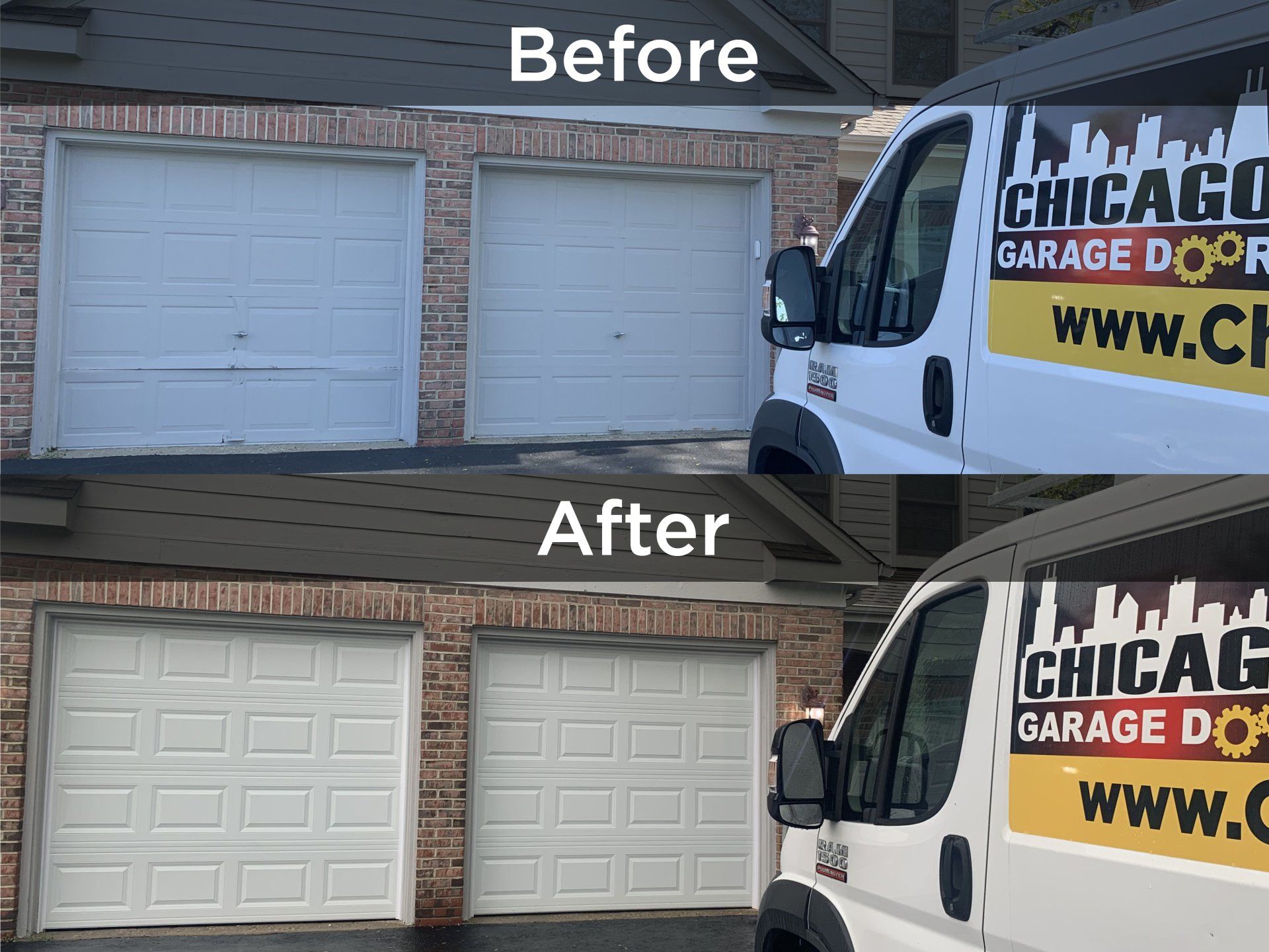 A before and after picture of a chicago garage door