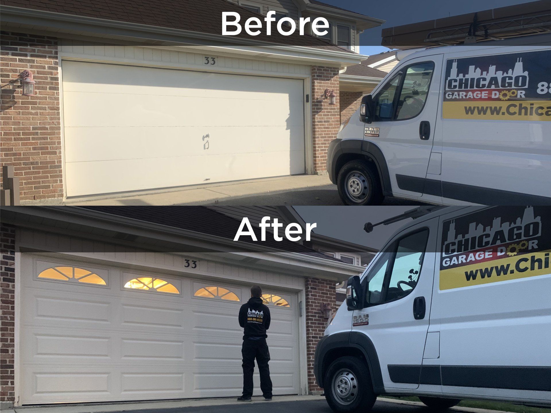 A man is standing in front of a garage door before and after being repaired.