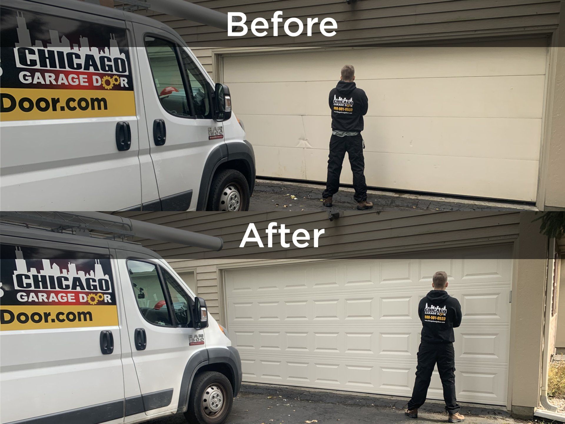 A before and after picture of a chicago garage door being installed.