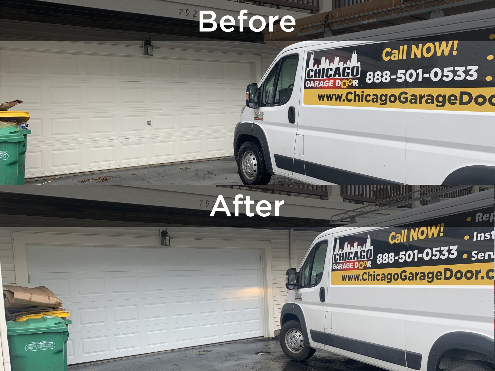 A before and after photo of a white van parked in a garage.
