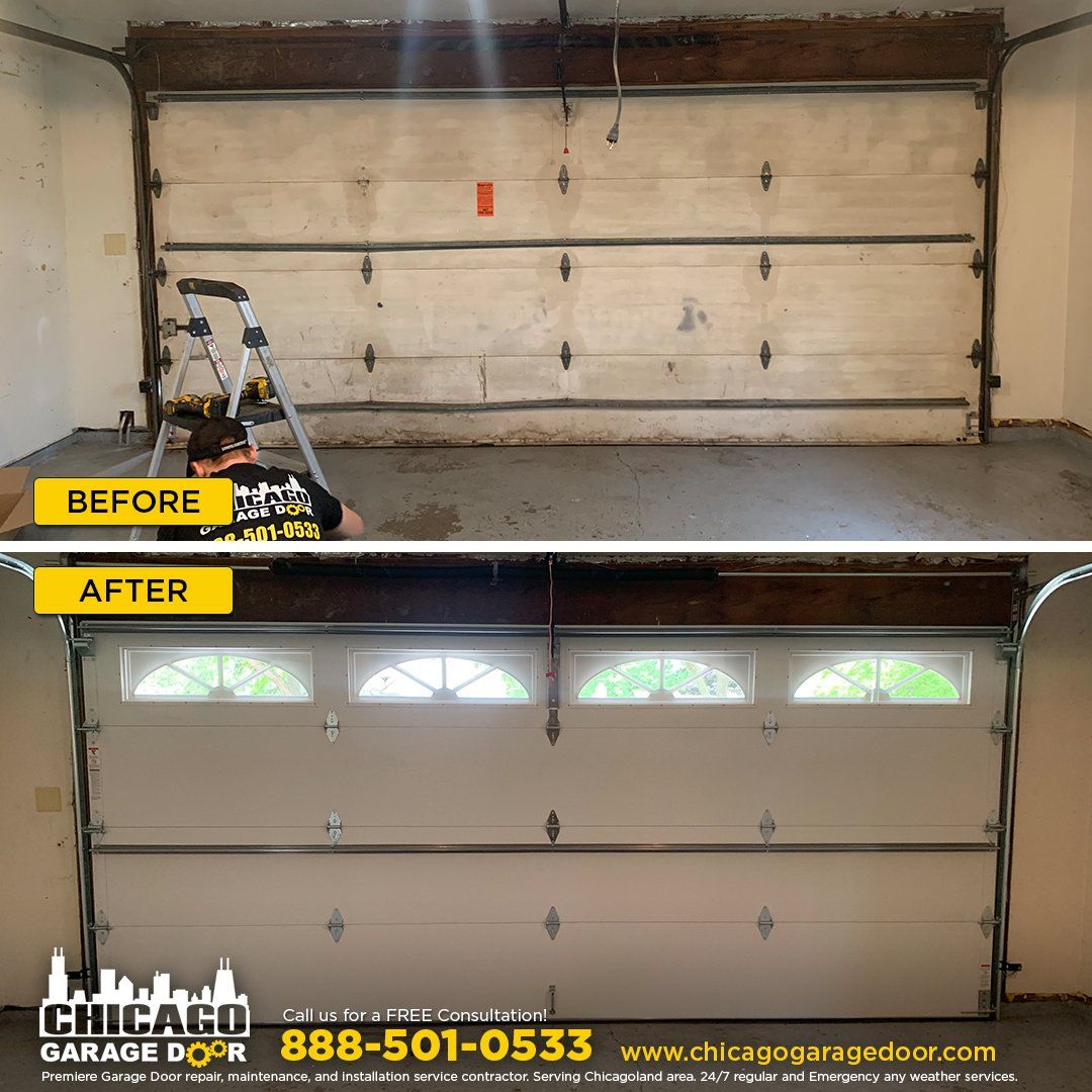 A before and after picture of a garage door