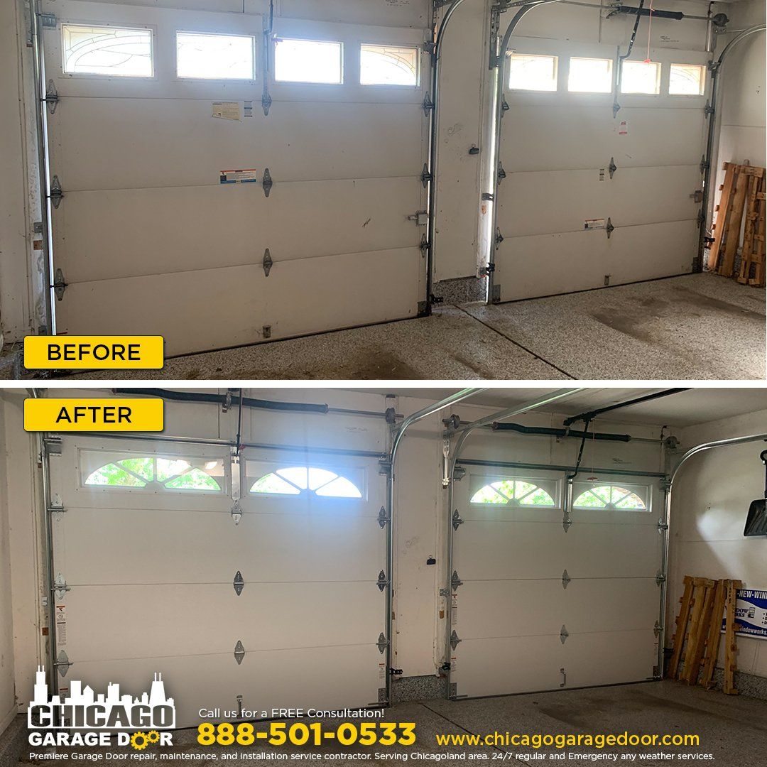 A before and after picture of a garage door being repaired.