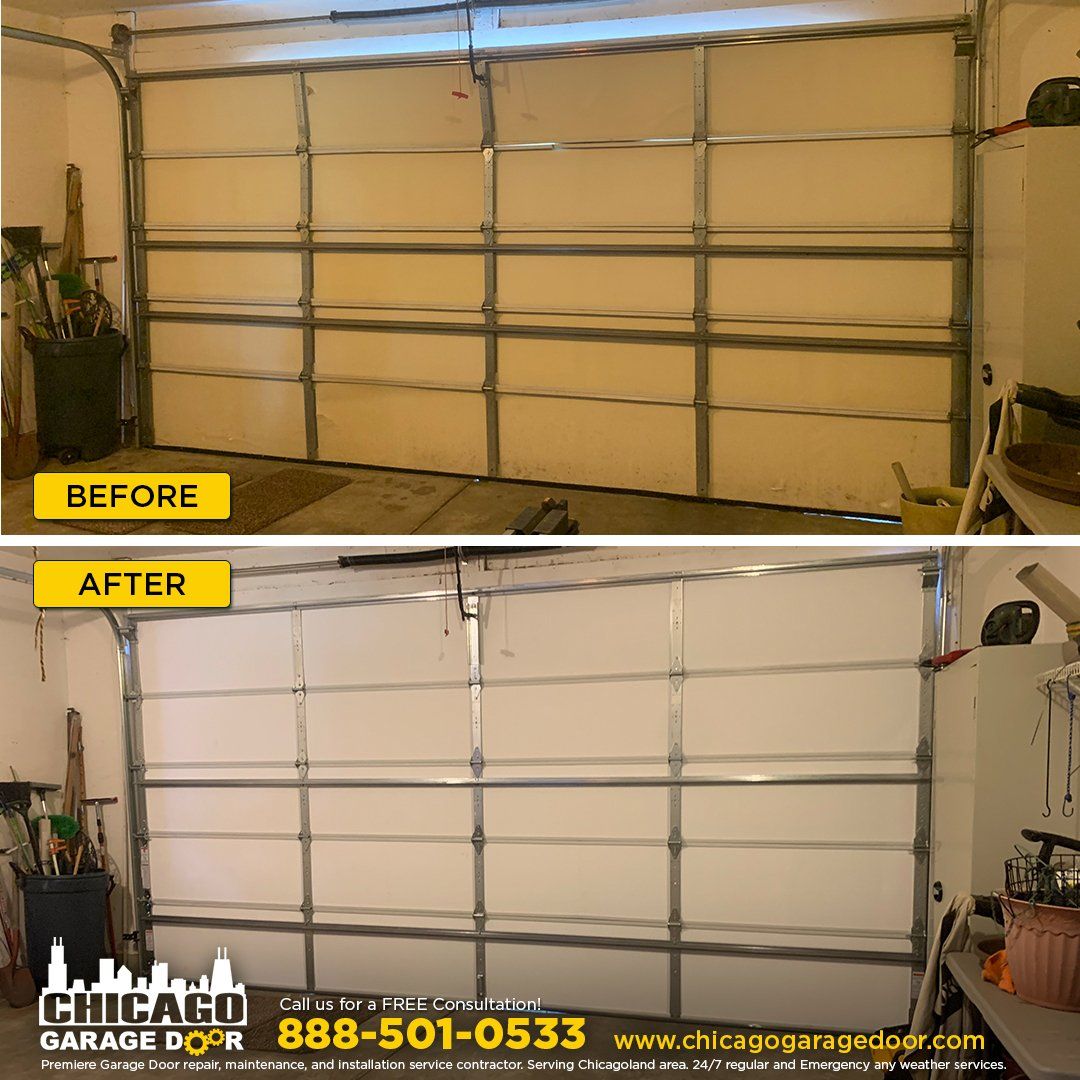 A before and after picture of a garage door