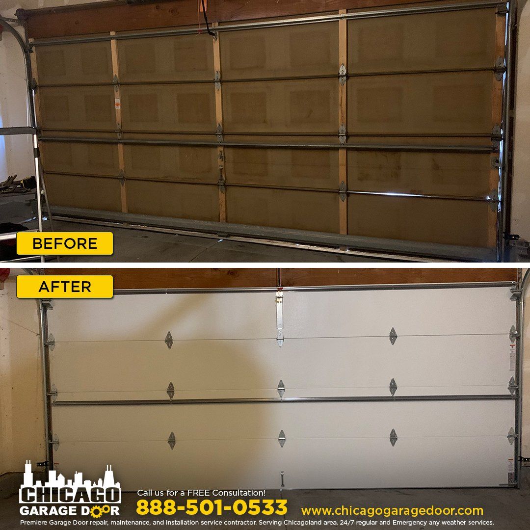 A before and after picture of a garage door