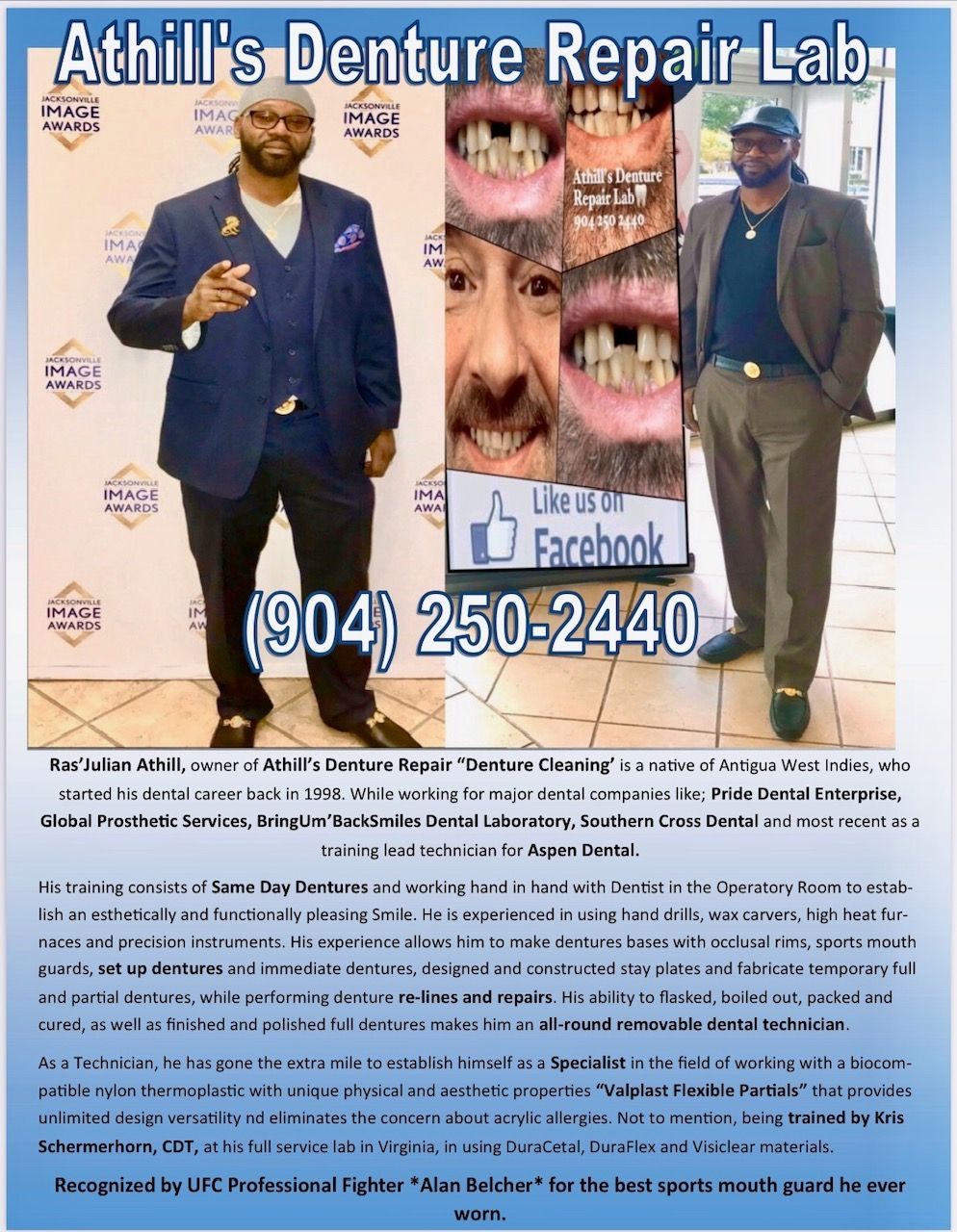 A man is standing in front of a sign that says athill 's denture repair lab