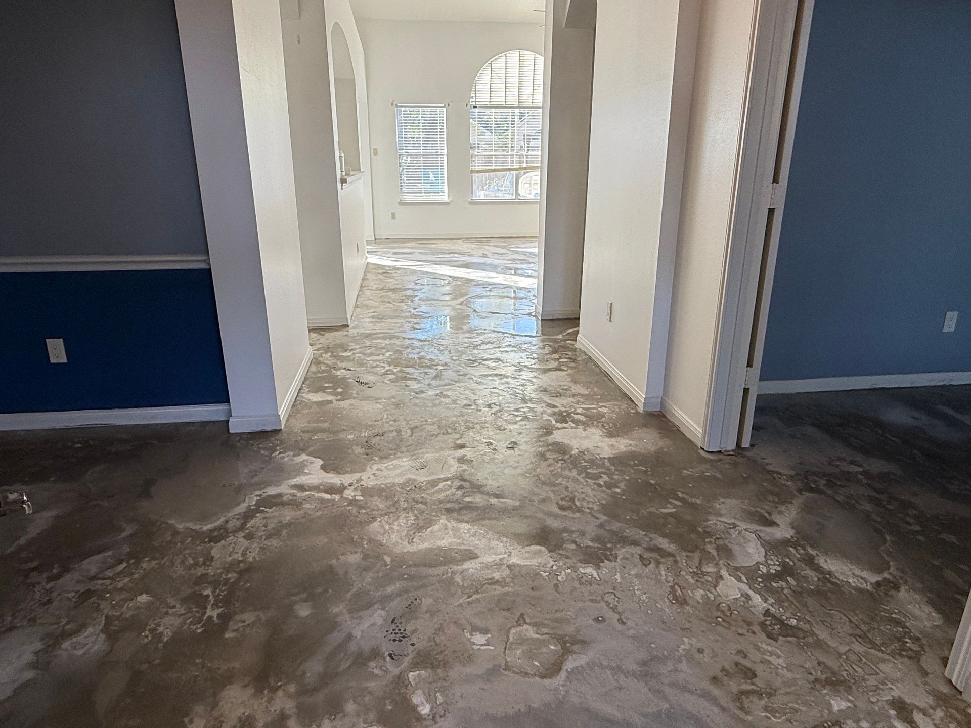 Flooded interior of a house with visible water damage on the floor, walls and doorways are visible.