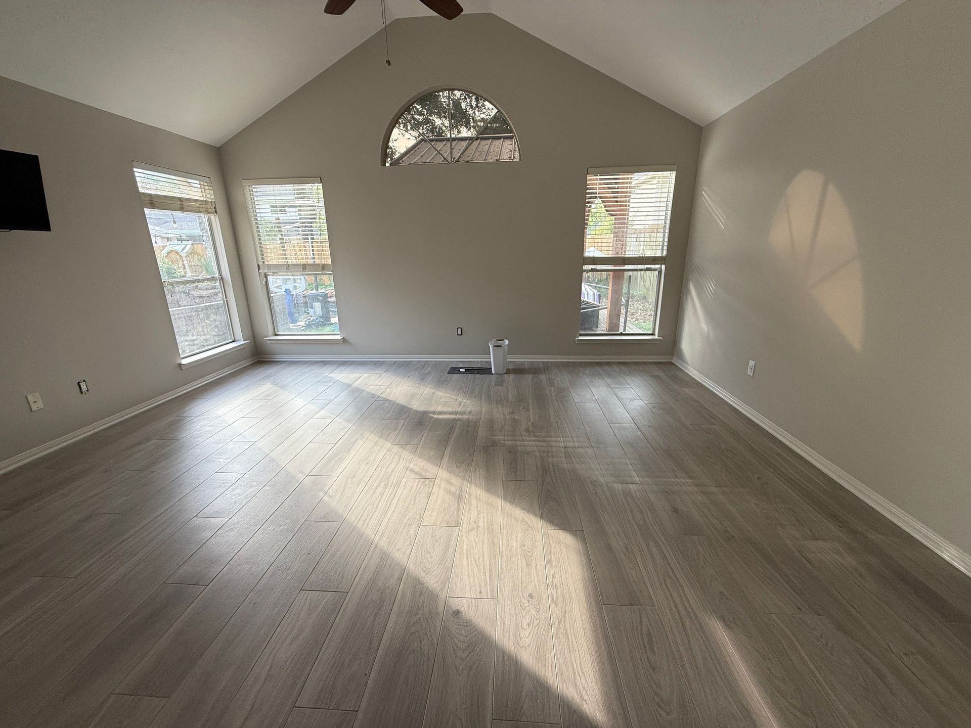Empty, sunlit room with gray walls, arched window, and wood-look flooring.