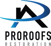 Black roof with blue arc, the word PROOFS above RESTORATION in gray.