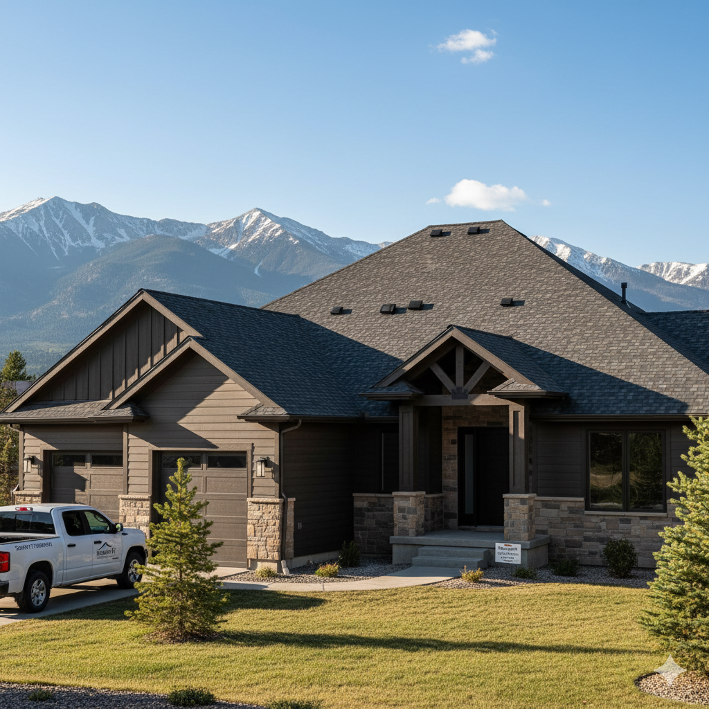 Modern brown house with stone accents, mountains in the background, white truck parked in the driveway.