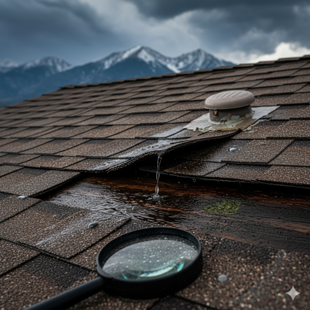 Water leaking from a damaged roof, viewed with a magnifying glass against a mountain backdrop.