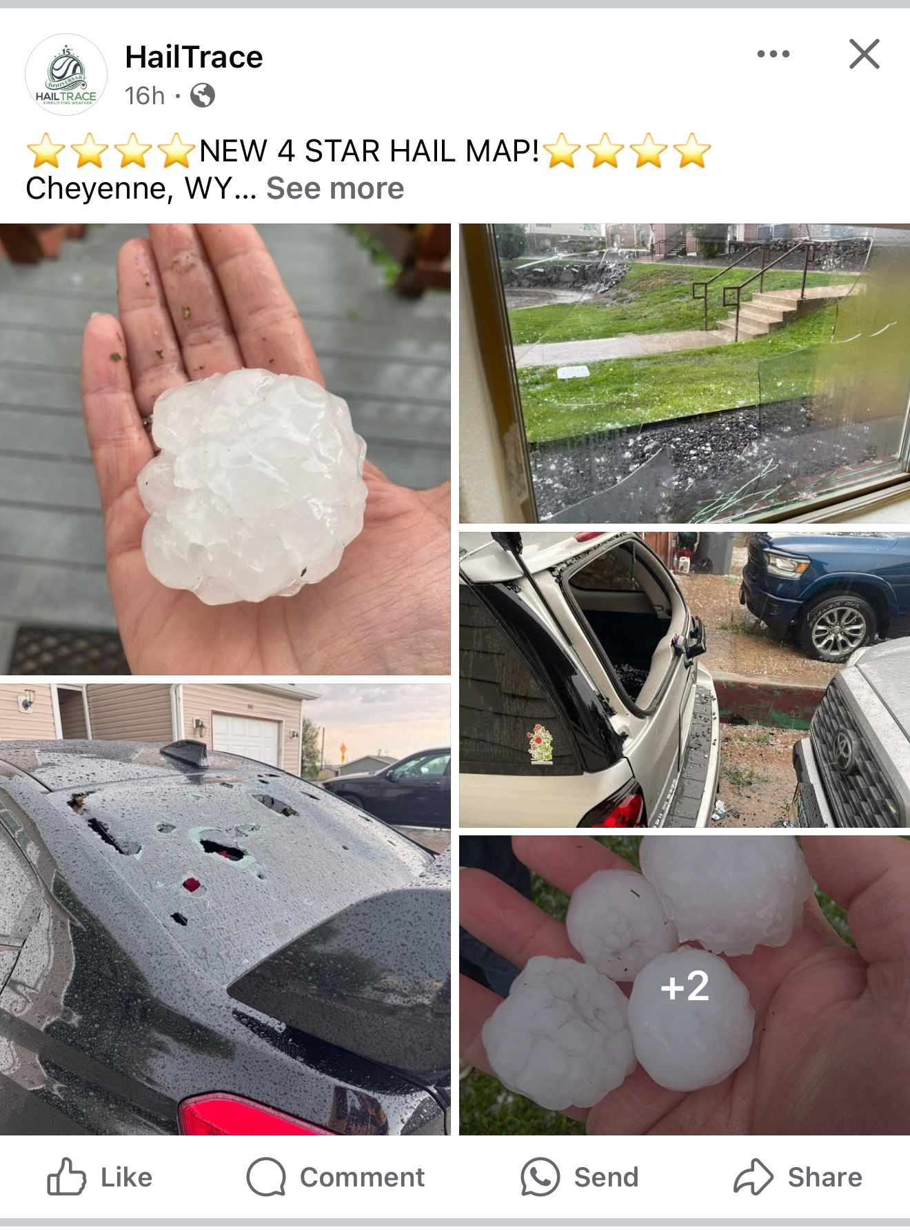 Post about hail damage in Cheyenne, WY. Includes photos of large hailstones and car damage.