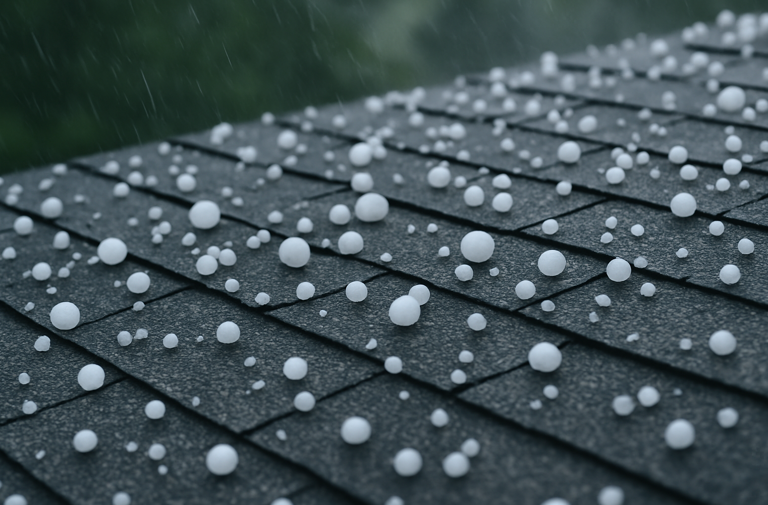 Hail is falling on a roof in the rain.