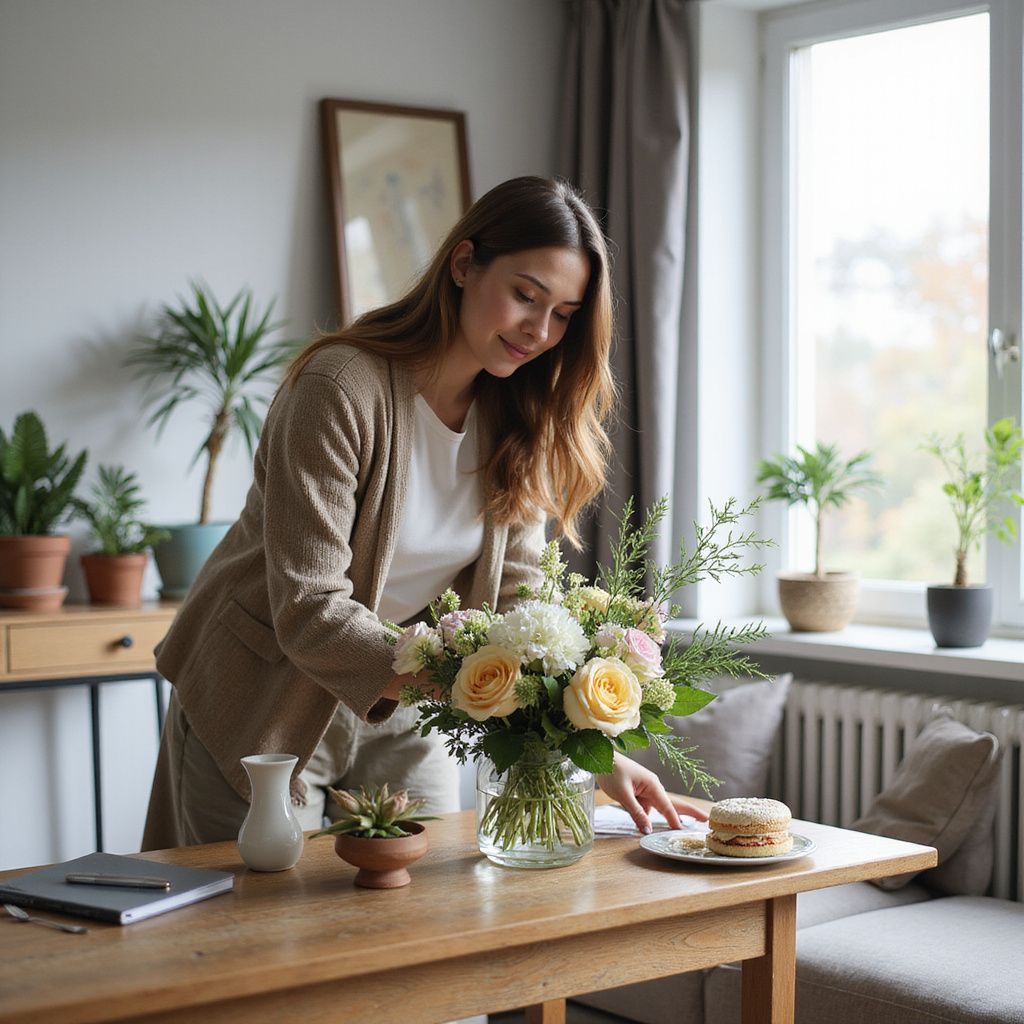 Woman arranging flowers in a vase on a wooden table, smiling. Plants and a window are in the background. Woman arranging flowers in a vase on a wooden table, smiling. Plants and a window are in the background.