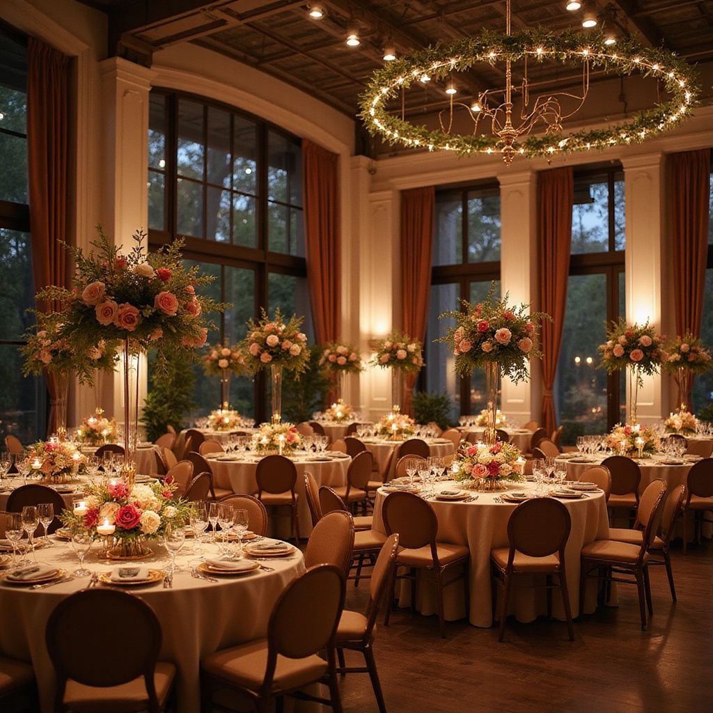 Elegant wedding reception with round tables, floral centerpieces, and a chandelier in a grand room.