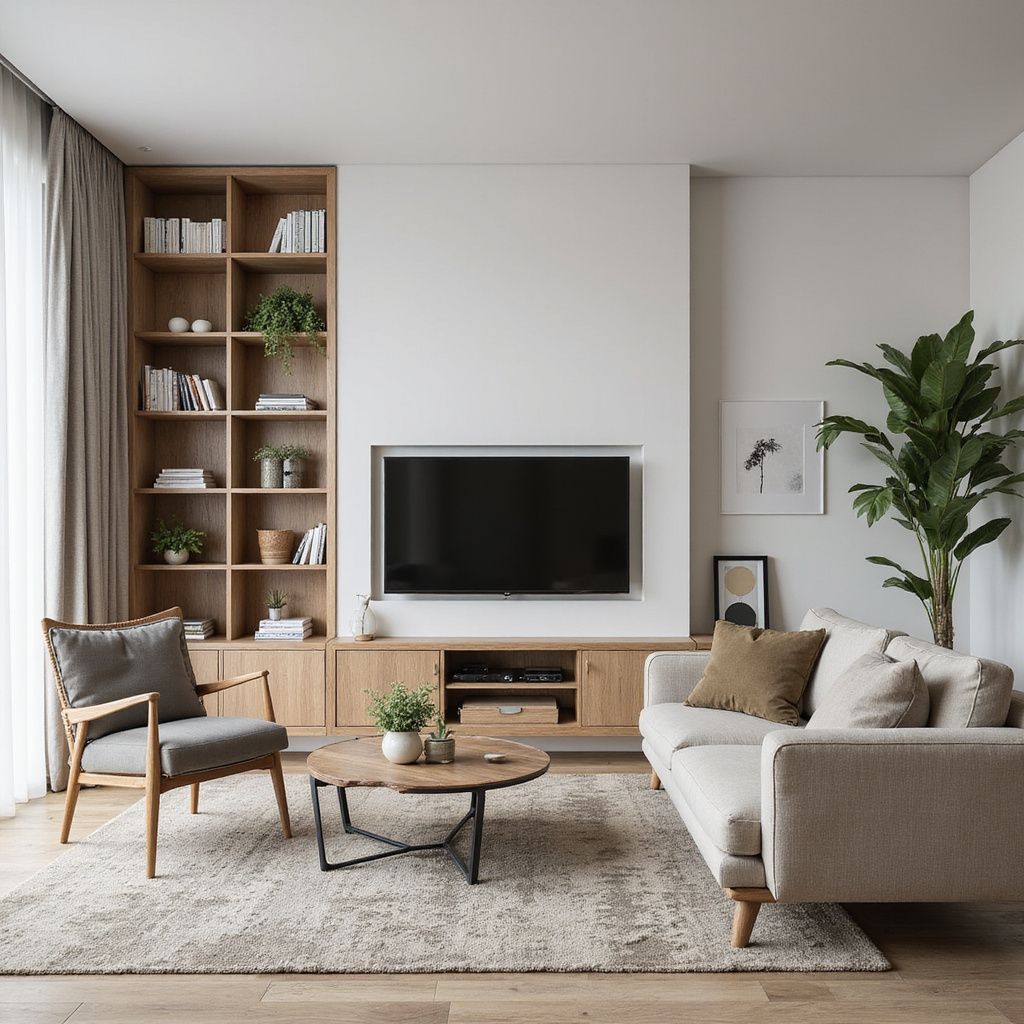 Living room with wooden shelves, TV, sofa, armchair, and rug.