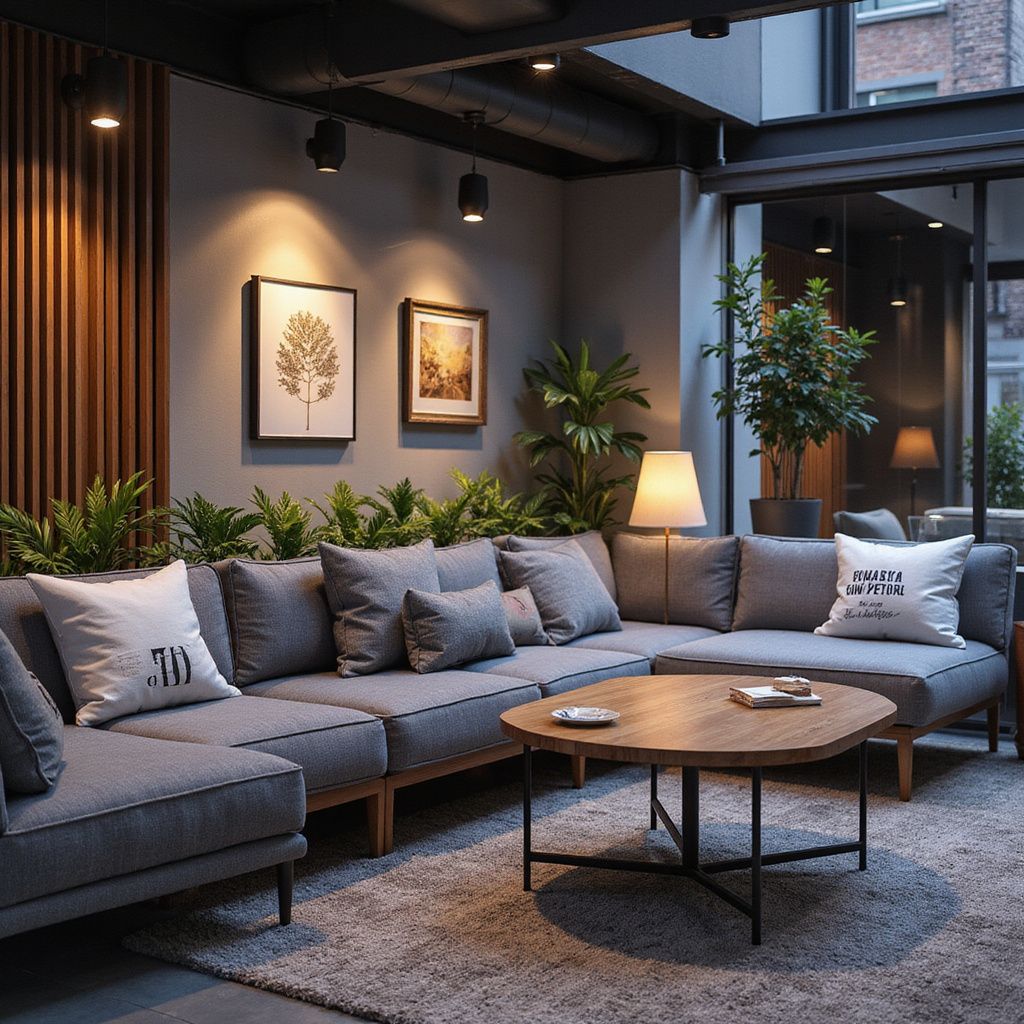 Cozy lounge area with gray sectional sofa, wooden coffee table, plants, framed art, and warm lighting.