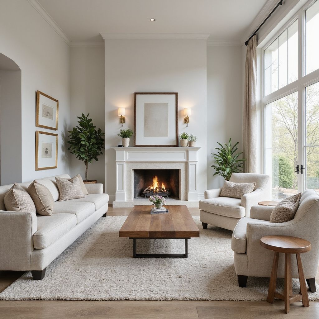 Cozy living room with fireplace, beige sofas, rug, plants, and large window.