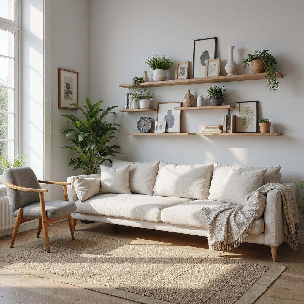 Living room with neutral-toned couch, wooden shelves with plants and decor, and a large window.