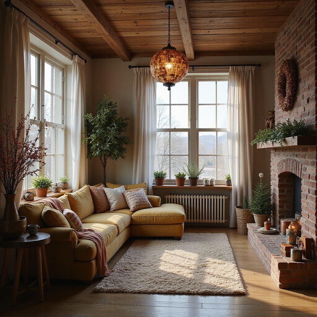 Cozy living room with yellow sectional sofa, brick fireplace, wooden ceiling, and large windows.