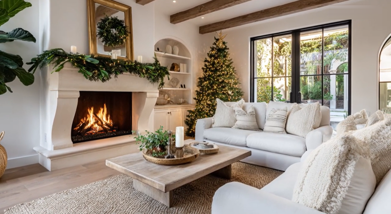 Cozy living room decorated for Christmas with a fireplace, tree, and neutral-toned furniture.