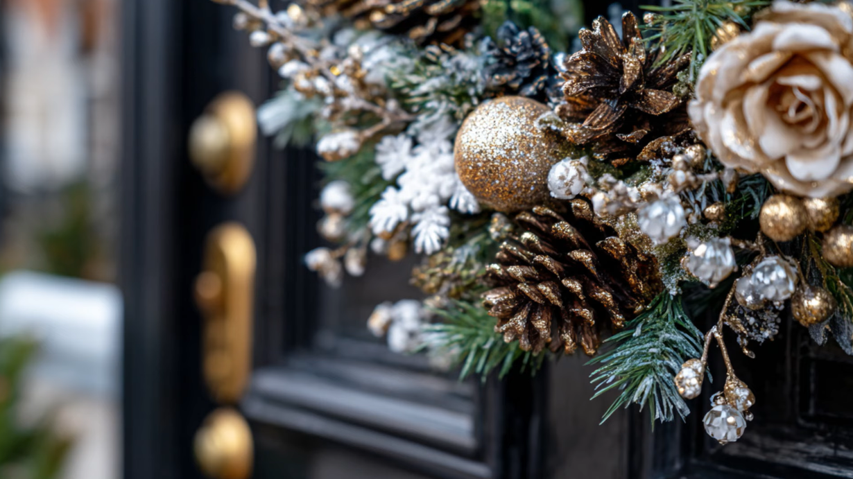 Close-up of a Christmas wreath on a black door. Gold ornaments, pinecones, and artificial flowers.
