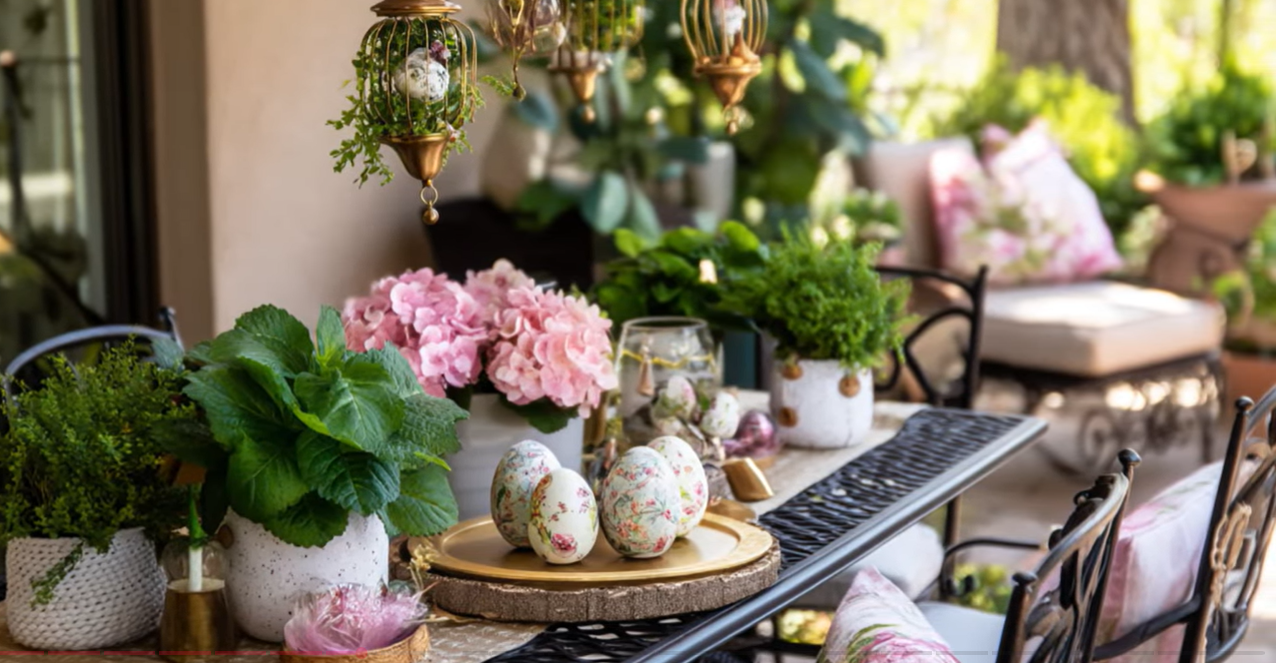 Outdoor dining table set with flowers, plants, and decorated Easter eggs. Outdoor dining table set with flowers, plants, and decorated Easter eggs.