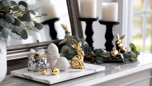 Easter decor on a white marble surface. Gold bunnies, eggs, and candles are displayed near a mirror and window.
