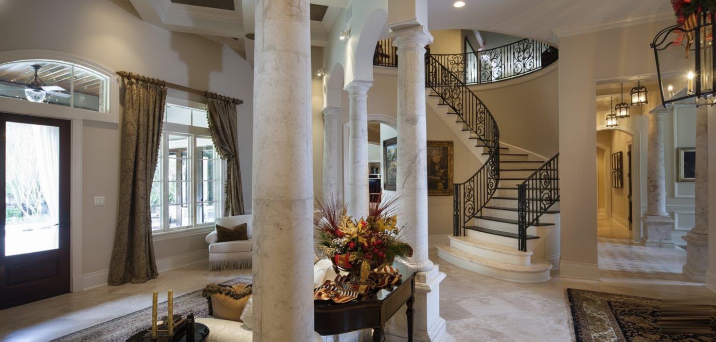 Elegant home interior with marble columns, winding staircase, and large windows.