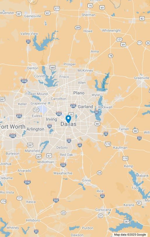 Map of Dallas, Texas, with a blue marker pinpointing the city's location.