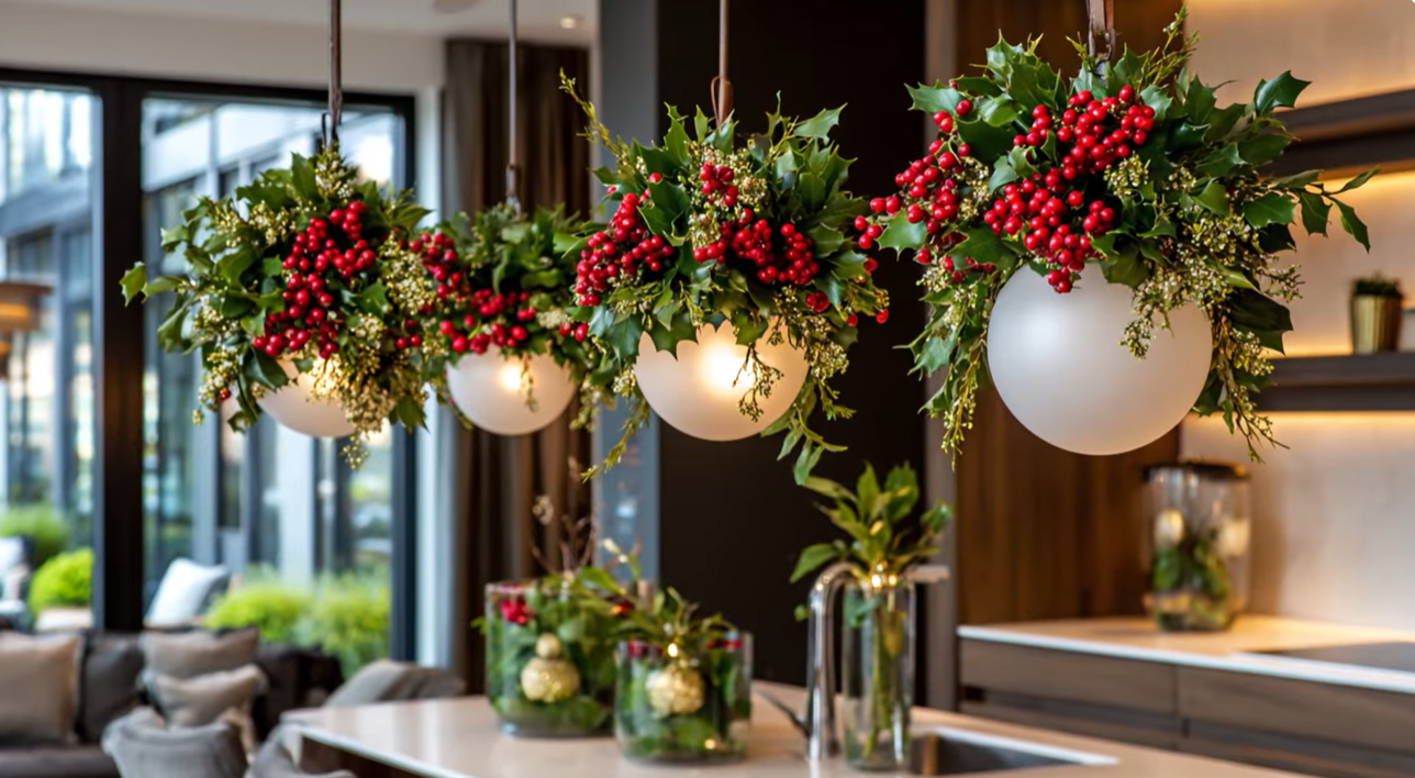 Christmas decor: spherical lights adorned with holly and red berries hang above a kitchen counter. Christmas decor: spherical lights adorned with holly and red berries hang above a kitchen counter.