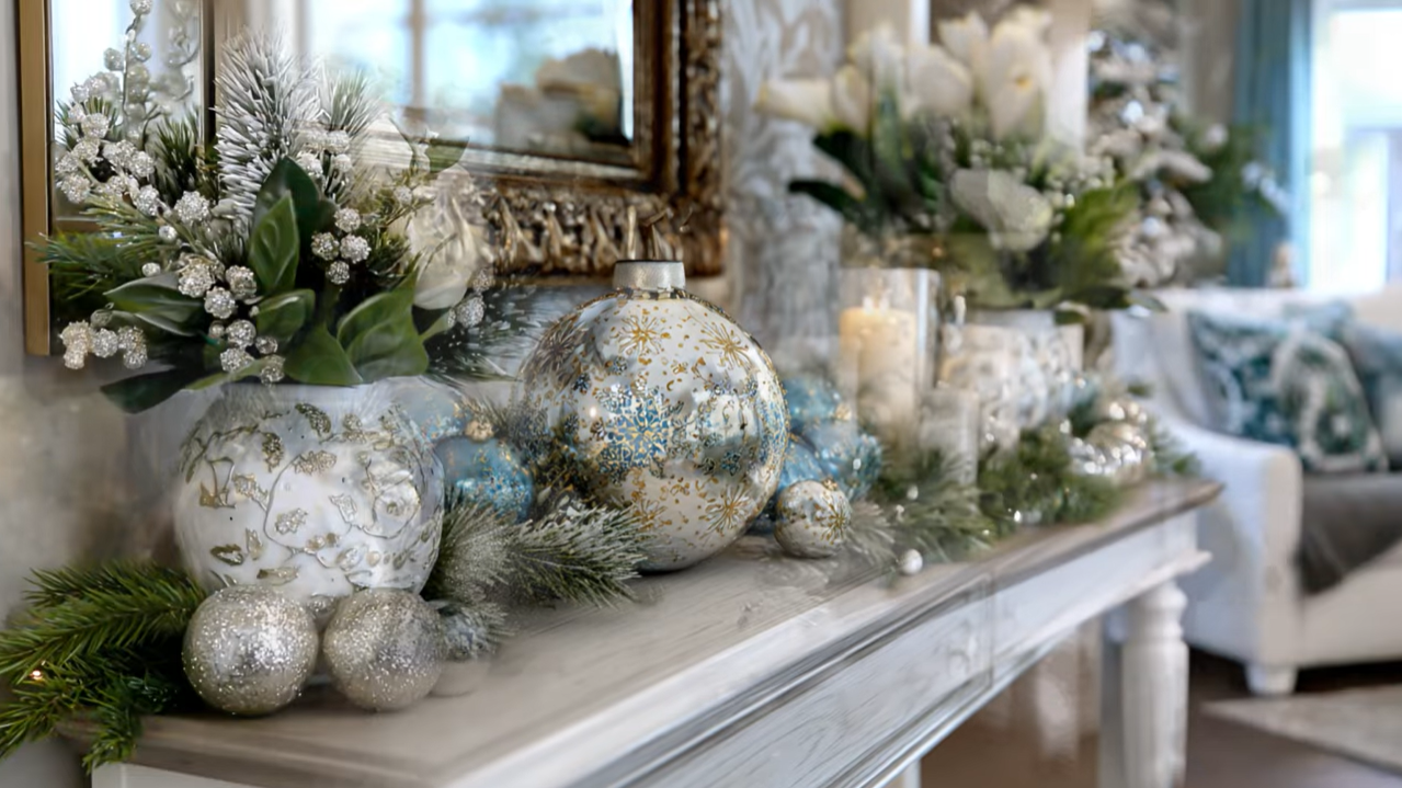 Christmas mantel decorated with silver and blue ornaments and greenery. Christmas mantel decorated with silver and blue ornaments and greenery.