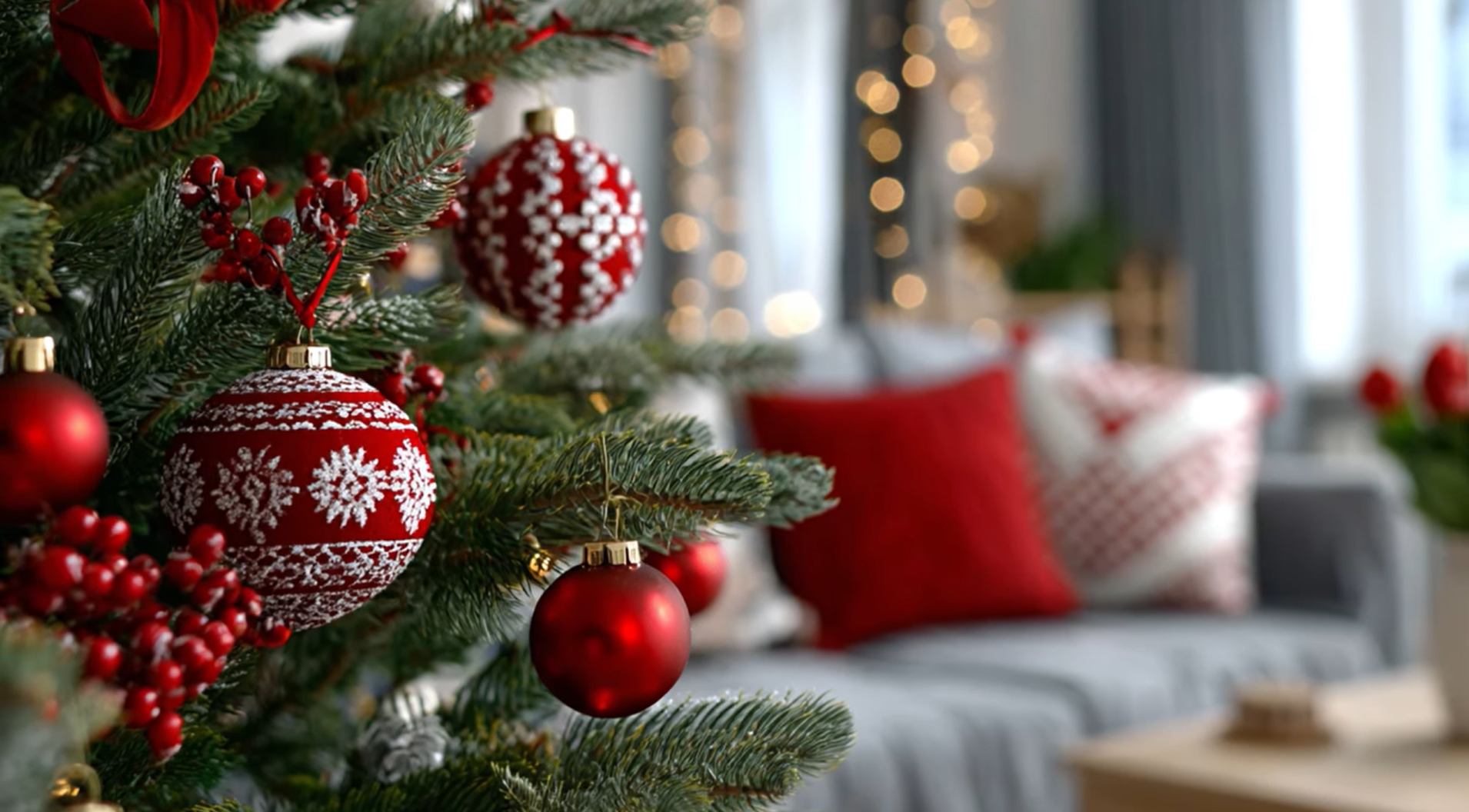Christmas tree with red and white ornaments, in a living room with red pillows and lights. Christmas tree with red and white ornaments, in a living room with red pillows and lights.