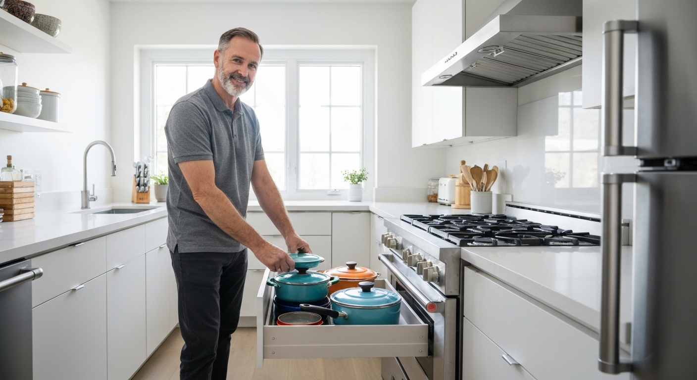 Man in a white kitchen pulls open drawer holding blue and orange pots.